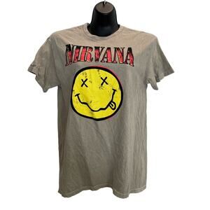 Nirvana Tan Distressed Smiley Face T-Shirt - Medium